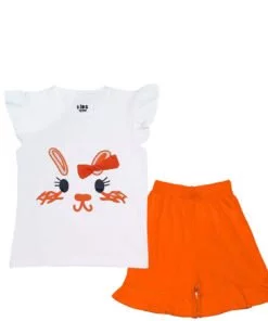 Cute Kitty With Bow Tee & Shorts - White & Orange