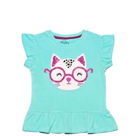 Pink Sequence Glasses Cat Tea Shirt - Aqua