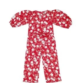 White Flowers Puff Sleeves Jumpsuits - Red