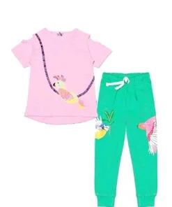 Colorful Parrot Tee & Trouser - Baby Pink & Sea Green