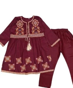 Embroiderd Cotton Koti Frock with Trouser - Maroon