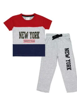 NY Varsity Team Penal Tee Shirt & Trouser - Red & Grey