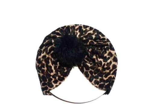 Black Fur Brouch Velvet Turban Cap For Babies