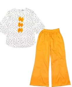 Multi Florals Pleatts Cotton Top & Bell Bottom Trouser - off White & Mustard